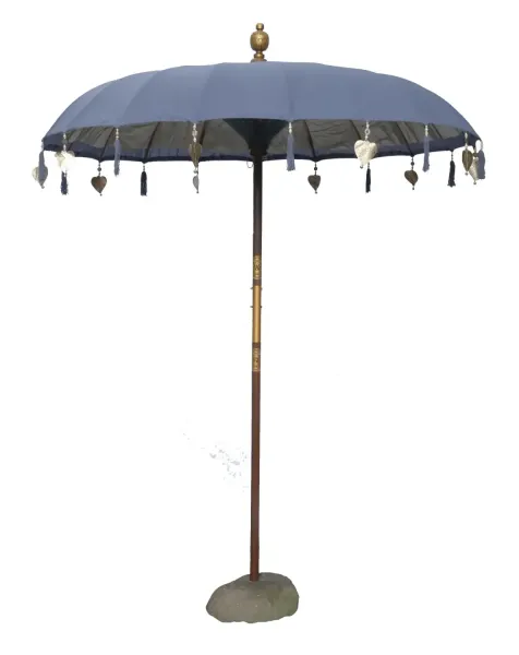 Bali umbrella, Dark Grey 1 with wooden coins and gold leaves hanging around the edge. Approx. 190cm dia. and 250cm height 